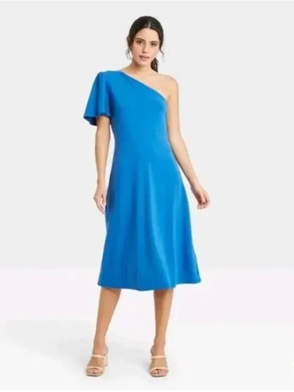 Who What Wear One-Shoulder Bright Blue Midi Dress